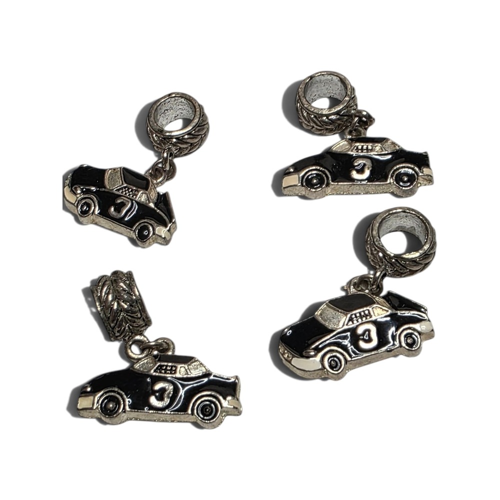 Set of 4 Racing Car Charms Black Enamel Number 3 Silver Tone Bracelet Slides